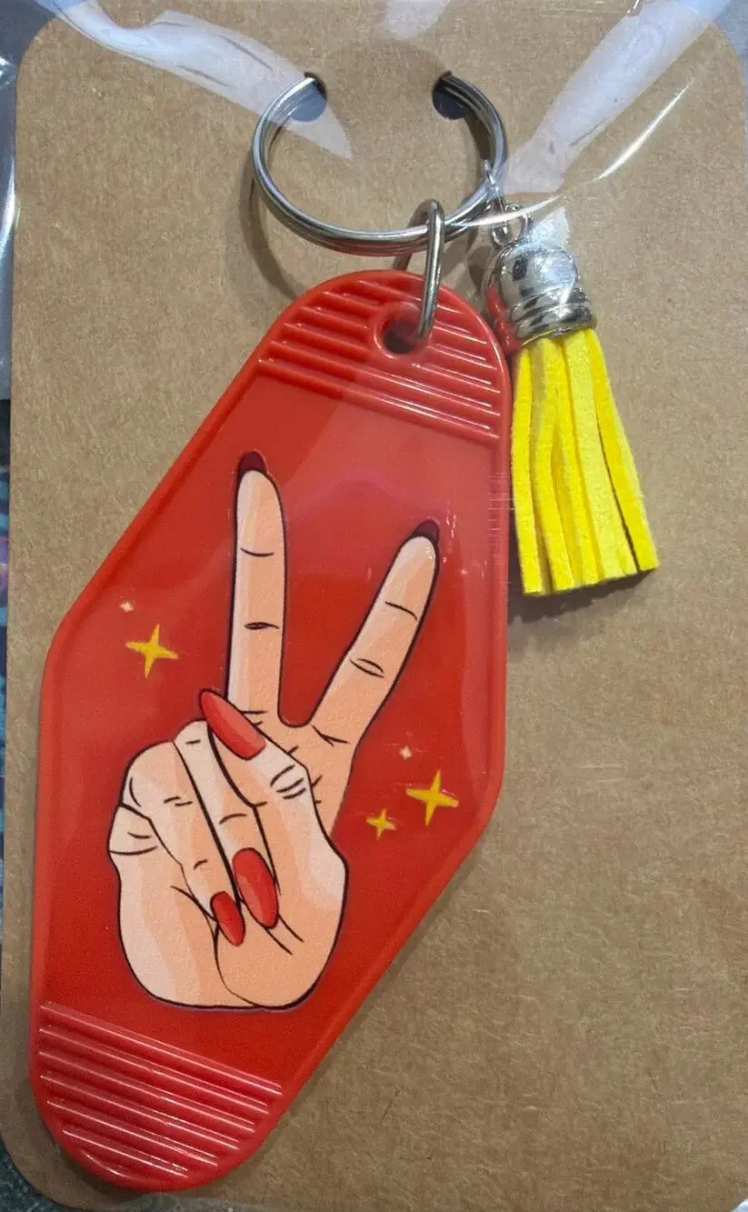 Peace Sign Red & Yellow Tassel Vintage Hotel Motel Keychain Key Chain Handmade